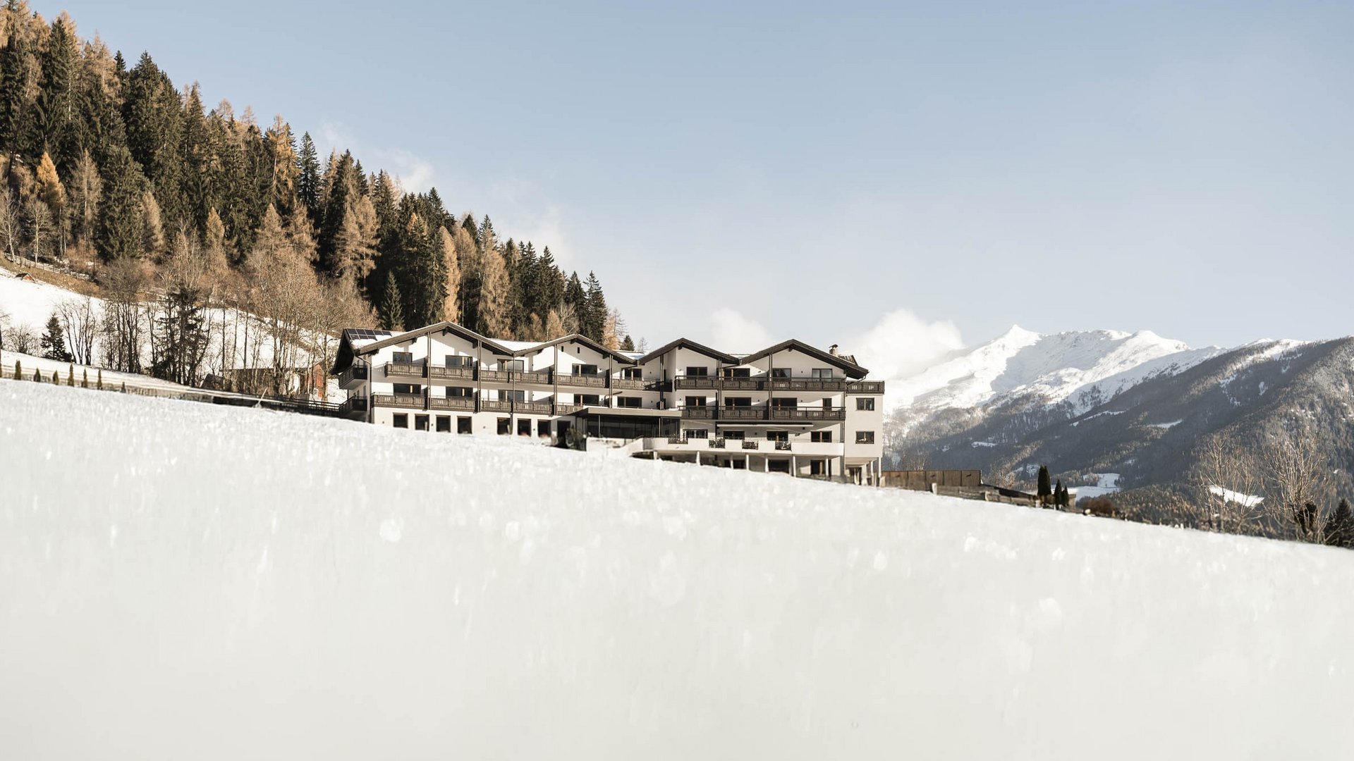 Lahnerhof: our nature and wellness hotel near Sterzing Hotel on snowy slope with mountains and pine trees in the background