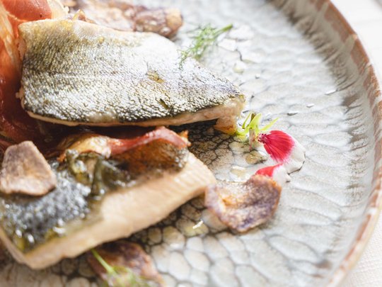 Benvenuti nel ristorante del nostro hotel con spa a Vipiteno Filetti di pesce grigliati con chips di verdure e fiore commestibile su un piatto